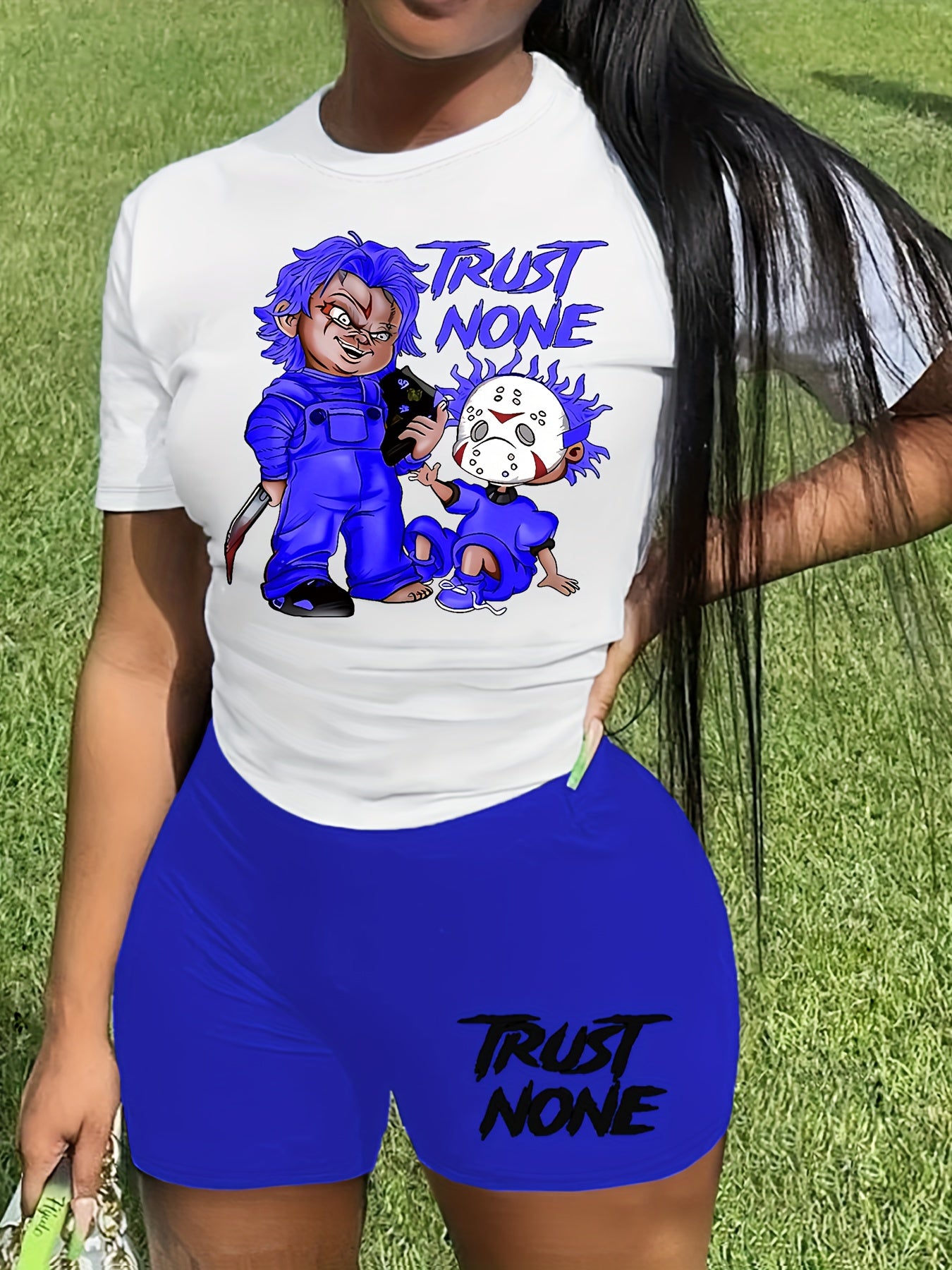 Sexy Orange & White Graphic Print Two-Piece Set - Women's "TRUST NONE" Short Sleeve T-Shirt & High-Waist Shorts, Polyester Blend, Machine Washable