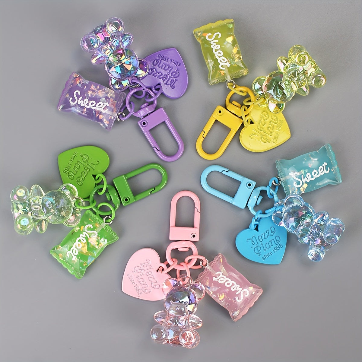 Chic Acrylic Bear & Heart Keychain Set with Ring - Candy-Themed Bag Charms, Perfect for Women's Fashion, Student Backpacks & Christmas Decor