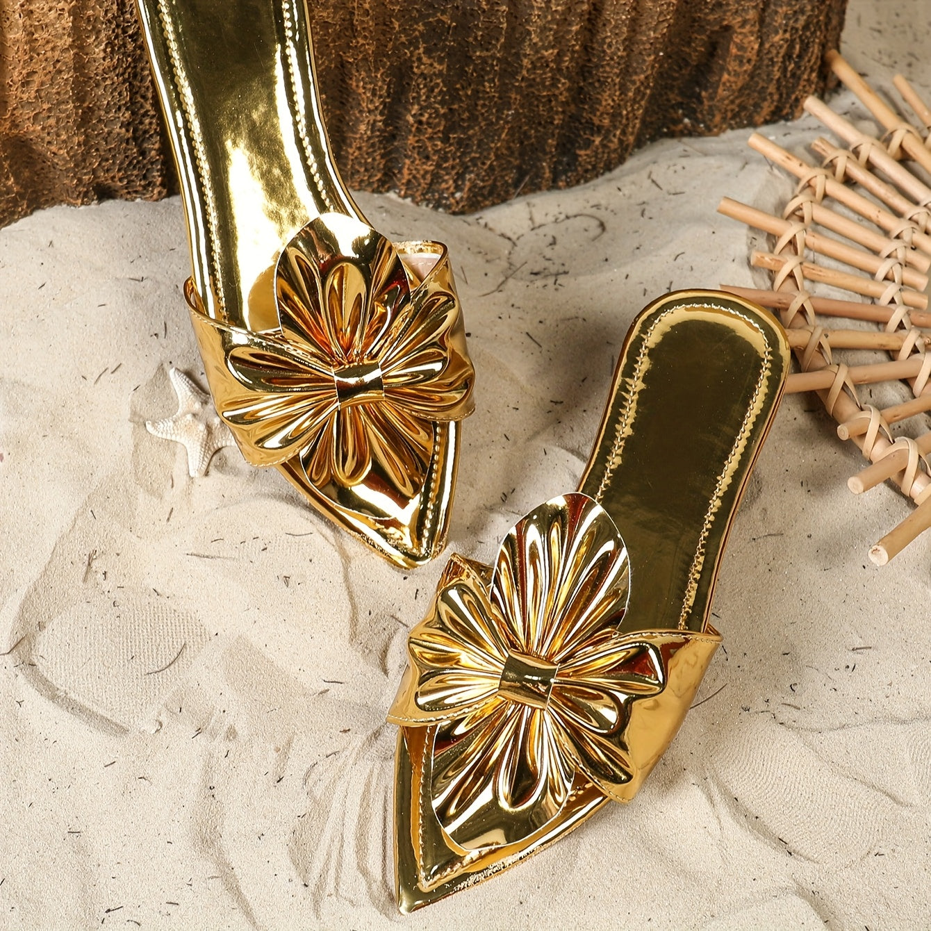 Women'S Golden Pointed Toe Mules with Bow Detail - Slip-On Flat Sandals, Synthetic Upper, TPR Sole, All-Season Comfort Shoes, Fashionable Footwear|Elegant Footwear|Synthetic Sandals