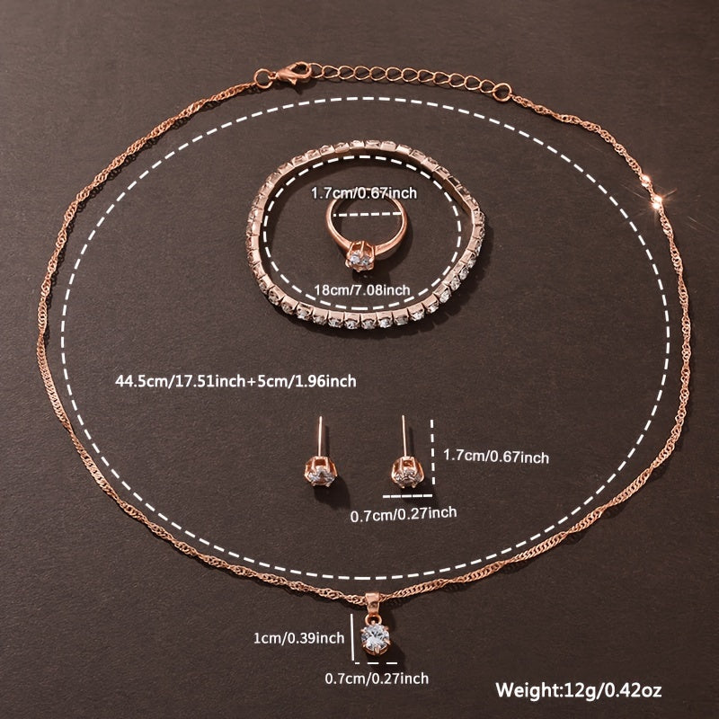 6pcs Women'S Fashion Elegant Quartz Watch, Rose Golden, Zinc Alloy Strap, Round Dial, Zinc Alloy Case, Necklace Earrings Ring Bracelet Gift Set
