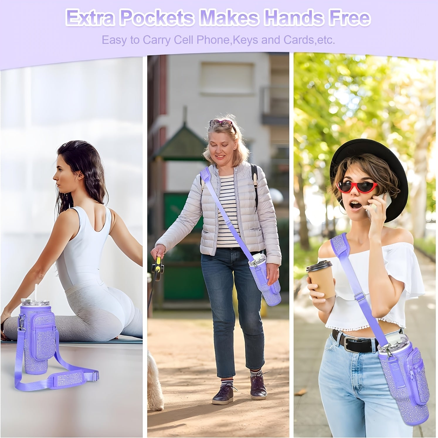 [Bling Neoprene Bottle Carrier] Multifunctional Neoprene Water Bottle Carrier - Insulated Sleeve Bag with Phone Holder, Card Slots, Detachable Strap for 40/30 Oz Tumblers - Bling Diamond Design, Key Hook