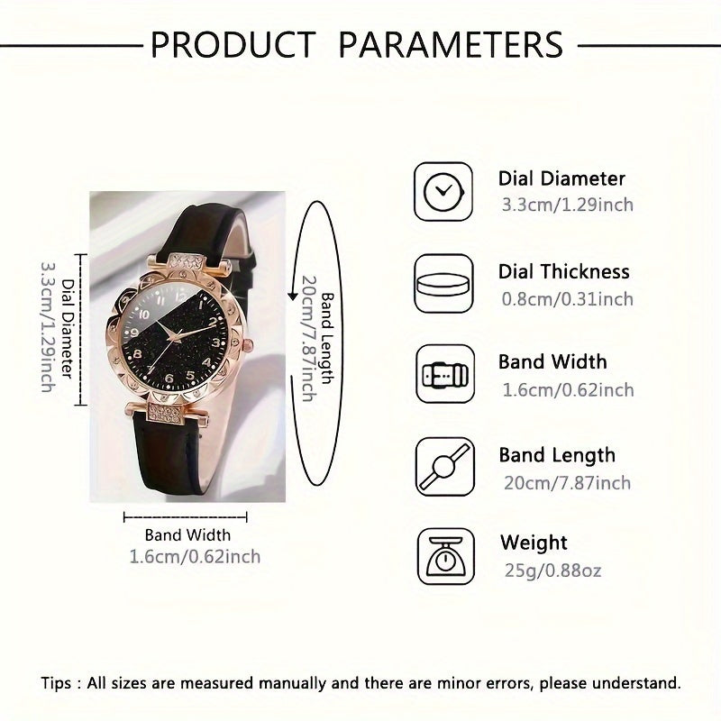 5-Piece Elegant Ladies Quartz Watch and Rhinestone Jewelry Set - Fashionable Glittering Black Starry Sky Dial, Round Case, Analog Display, Durable PU Leather Strap, Zinc Alloy Body, Precision Quartz Movement, Non-Rechargeable
