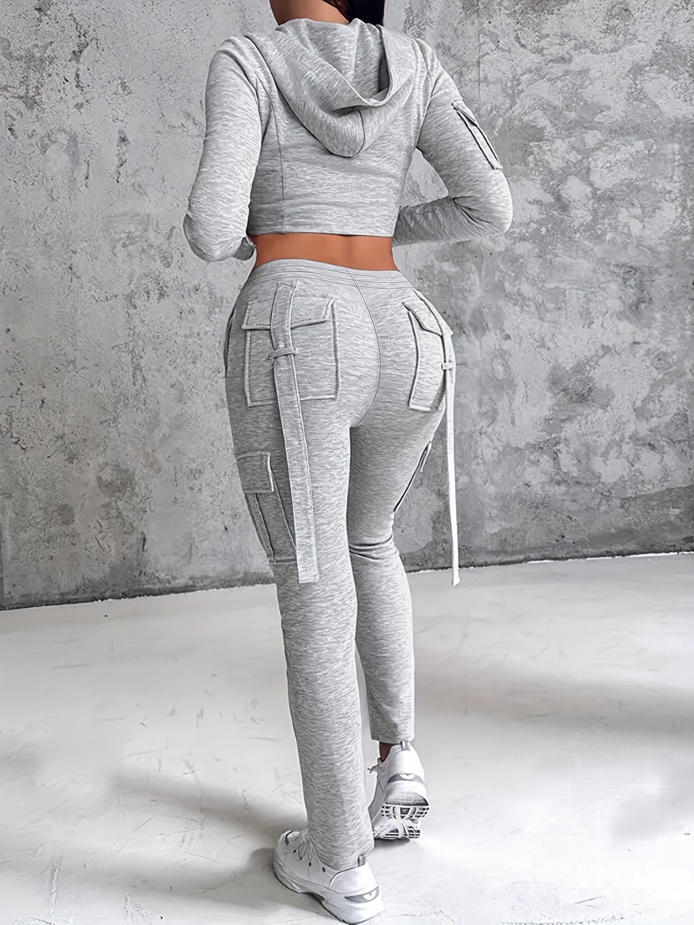 Women's Chic Hooded Zip-Up Cardigan & Pants Set - Stretchy Polyester Blend, Machine Washable, Casual Knit Outfit with Pockets, Solid Color, All-Season Comfort Fit