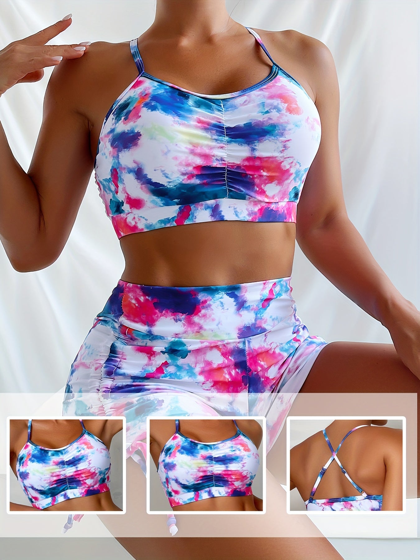 Tie Dye Drawstring High Waist 2 Piece Set Bikini, Criss Cross Spaghetti Strap Stretchy Swimsuits, Women's Swimwear & Clothing