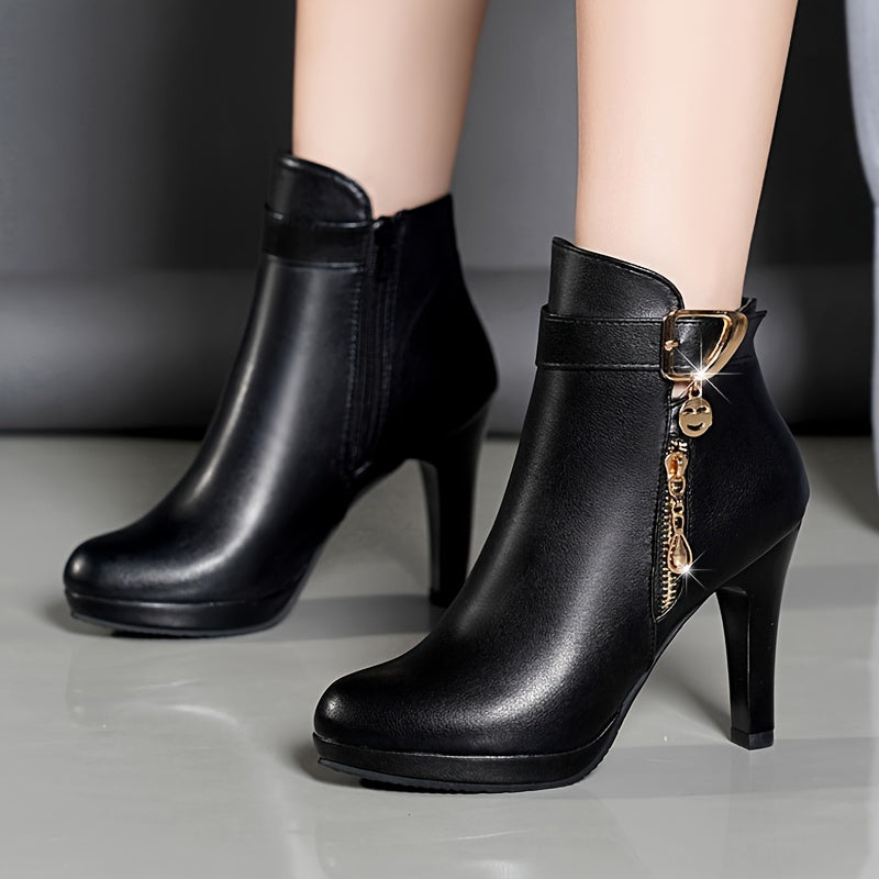 Women's Black Faux Cover Ankle Boots with Golden Zipper & Chunky Heel - Stylish Round Toe Platform Booties for Casual Attire