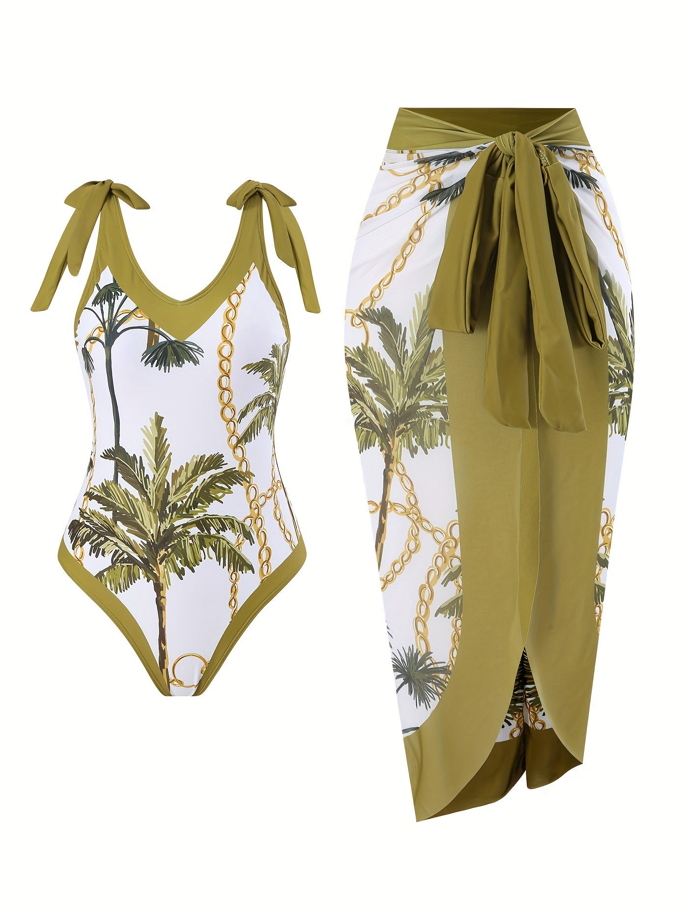 Green Coconut Tree Print Seamless V-Neck Tie-Dye Gauze Skirt Two-Piece Women's Sunscreen Suit