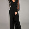 Elegant Black V-Neck Long Sleeve Jumpsuit with Sheer Netting Sleeves - 100% Polyester, Machine Washable, All-Season Women's Fashion Outfit, Clothes for Young Ladies