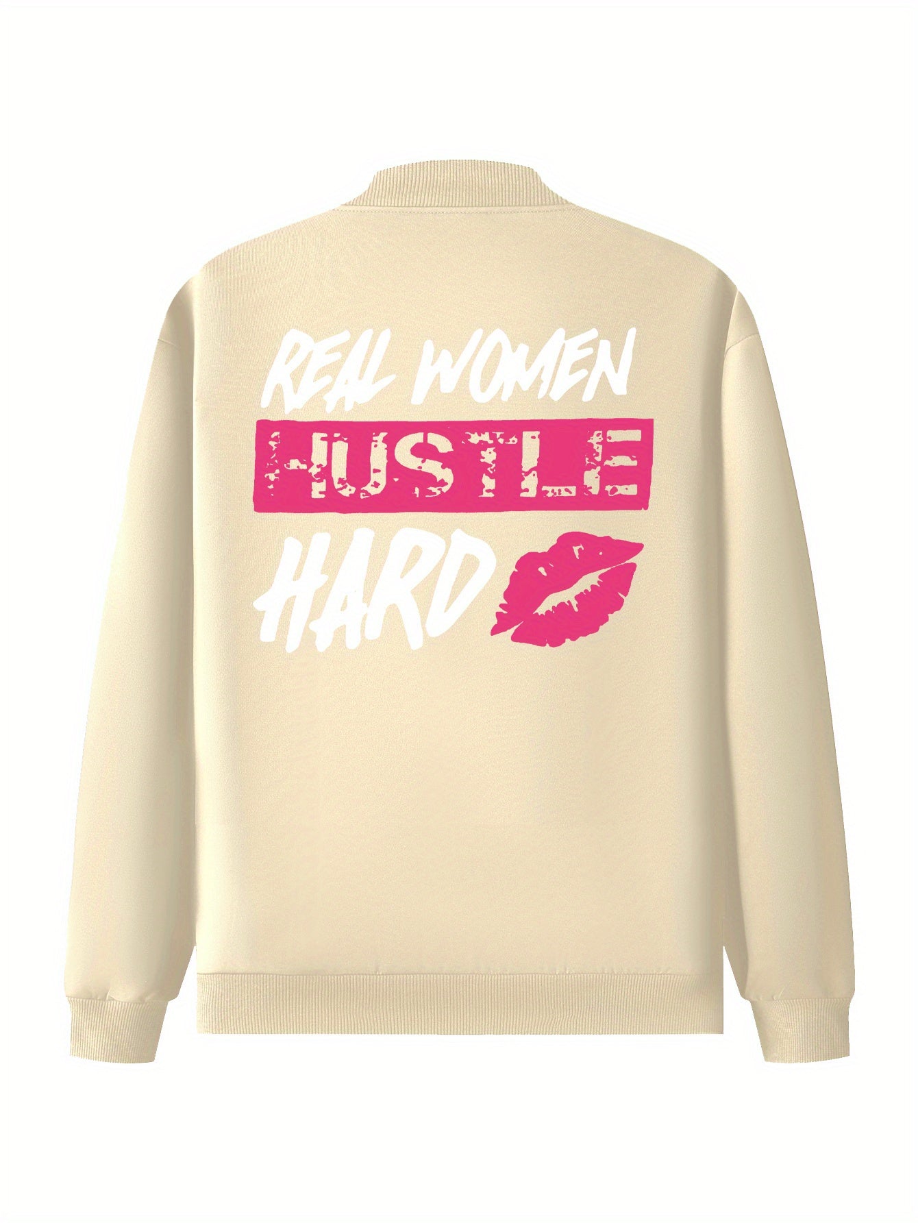 Everyday Comfort, Women's "Real Women Hustle Hard" Casual Bomber Jacket - Mint Green, Long Sleeve, Zip-Up with Pink Lips Graphic, Polyester Blend, Machine Washable, Motivational Apparel|Trendy Bomber Jacket|Smooth Texture Fab