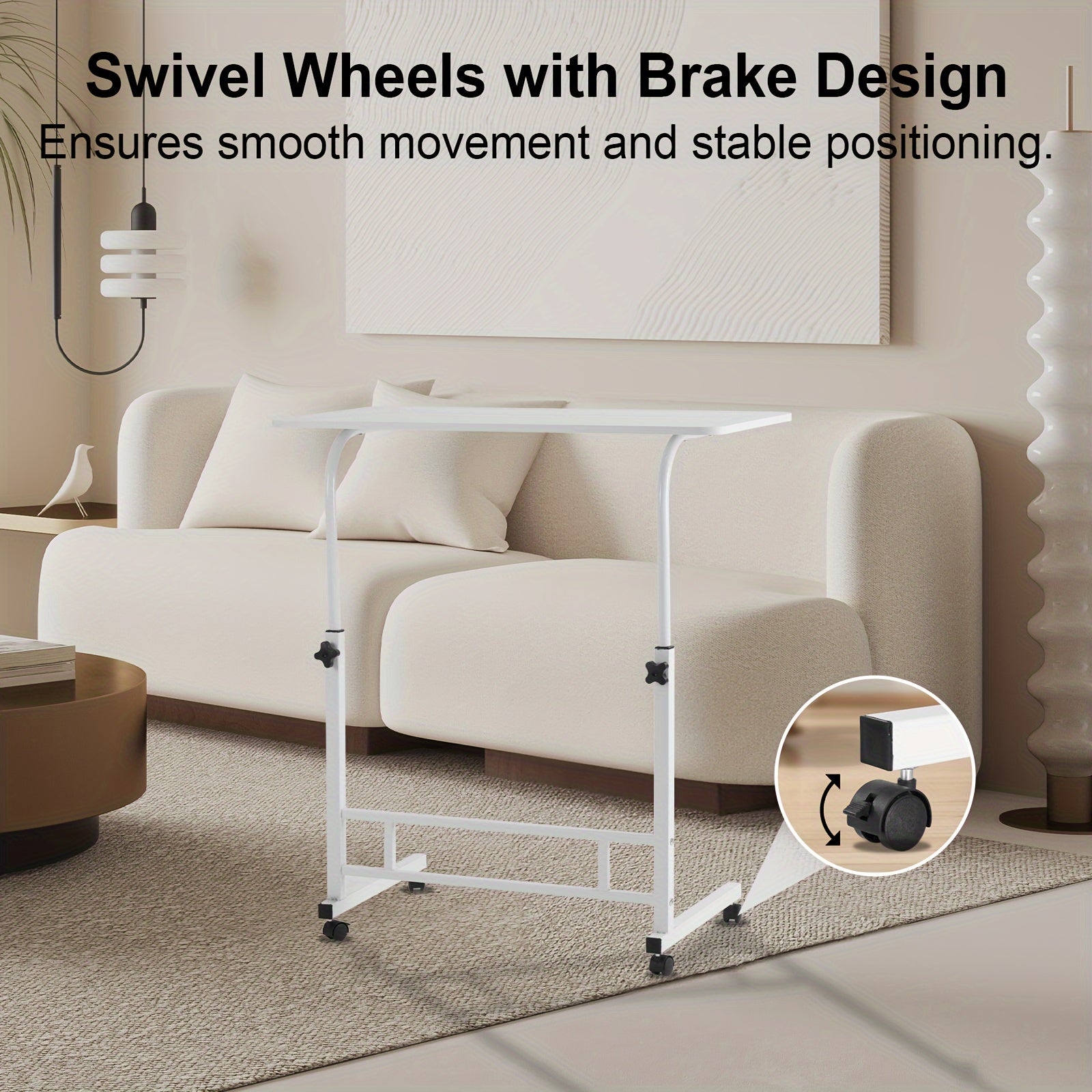 Ergonomic Standing Desk Adjustable Height, Mobile Computer Desk with Universal Wheel, Stable And Comfortable, Sturdy And Durable, Easy to Assemble, Spacious Study Table, Suitable for Home Office, Sofa