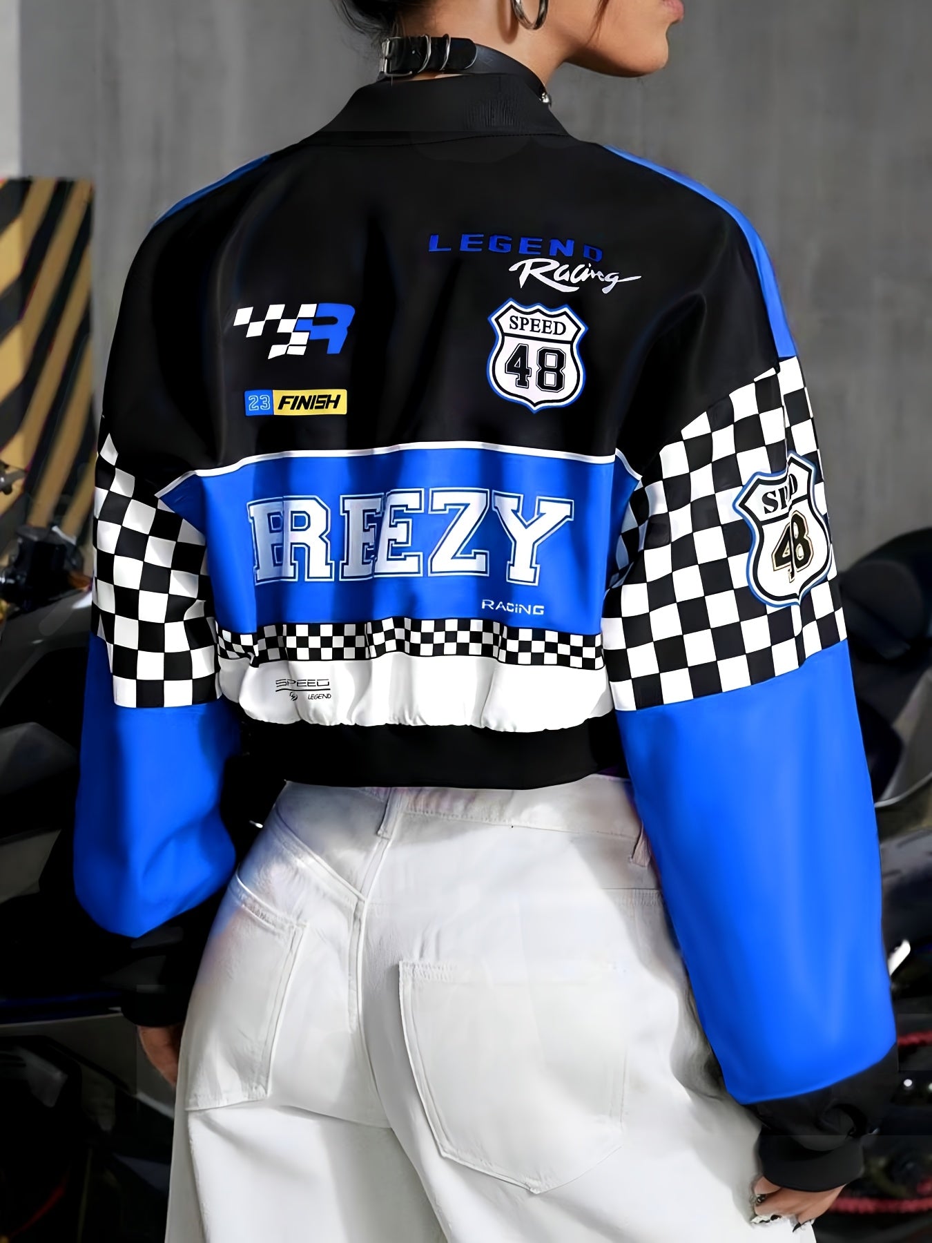 Women's Casual Letter & Checkered Print Long Sleeve Jacket - Stylish Blue & Black Zip-Up Crop Top with "44" Graphic, Perfect for Motorcycle Rides and Trendy Outfits
