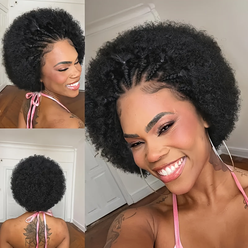 200% Density Short Wig Kinky Curly Human Hair Wig 13x4 Short Afro Kinky Curly Braided Lace Wigs Hand-Braided Box Braids With Short Curly Style Daily Wear & Festival Hair Wig
