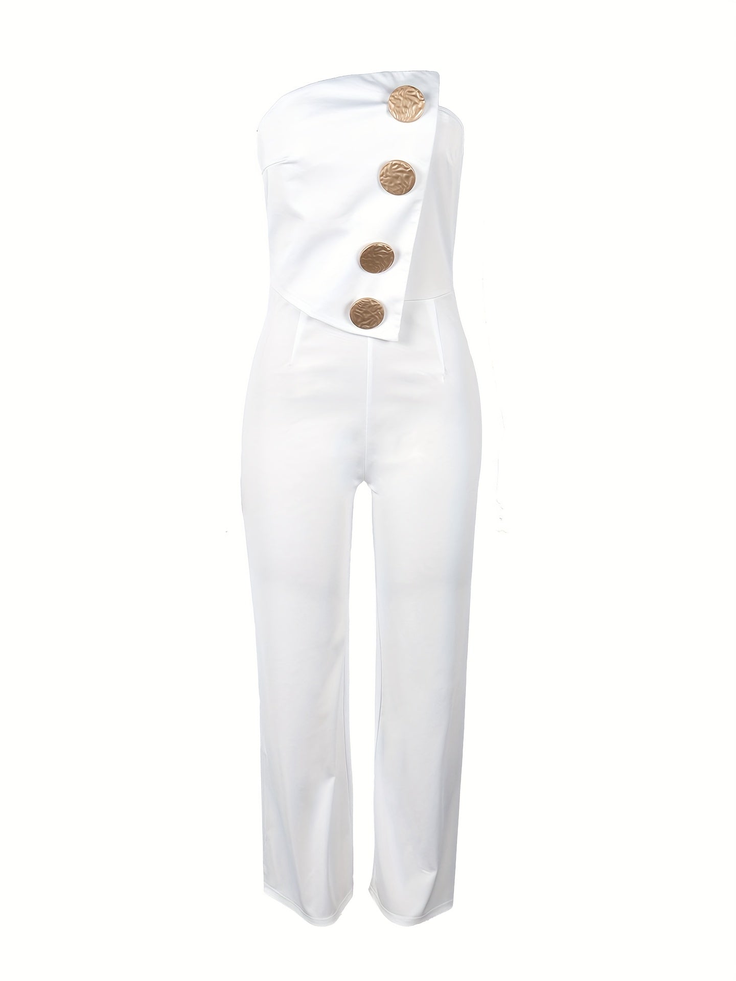 Women's Sleeveless Strapless Bodycon Jumpsuit - Stretchy High-Waisted Wide-Leg Romper with Golden-Tone Buttons, Solid White Elegant Outfit for All Seasons, Hand Wash Only, Allseason Fashion | Offshoulder Style | Sophisticated