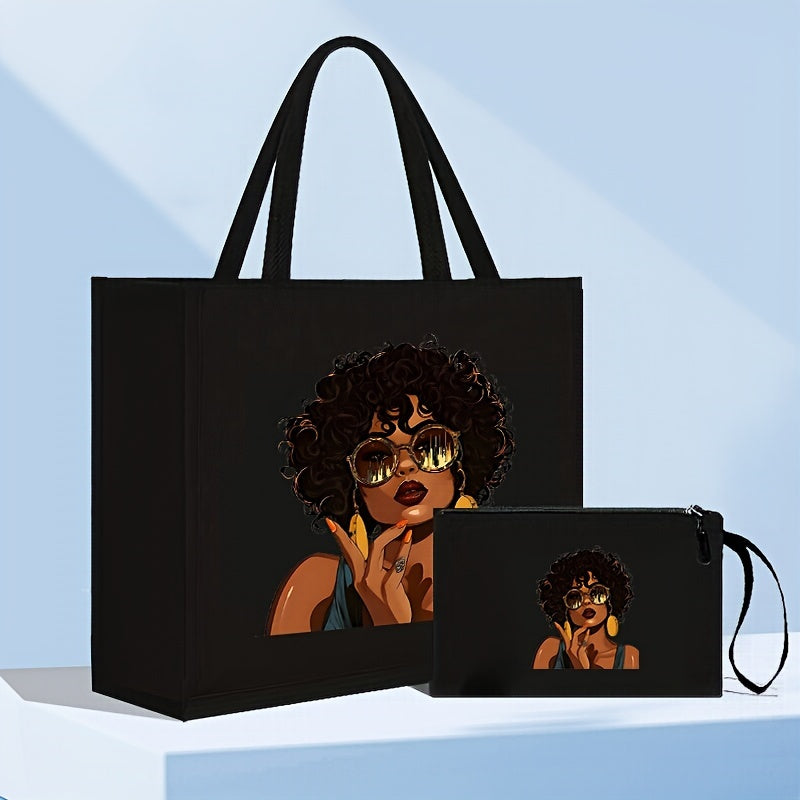 Elegant beauty print satchel set, 2pcs lady portfolio handbag, with makeup bag, lightweight and large capacity, very suitable for work, school, shopping, gifts