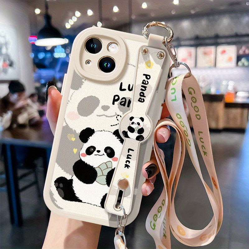 Cartoon Panda Mobile Phone Case iPhone15pro Mobile Phone Case 14 Hanging Neck Full Protection iphone13 Can Be Carried Faux Leather Anti-fall Super Soft Mobile Phone Protection Case Suitable for iPhone 13/14/14/16 Series Cute