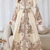 Elegant Floral Print Long Dress with Tie-Waist & Lantern Sleeves - Creamy Beige, Crew Neck, Flowing Maxi Length, Perfect for Spring/Summer/Fall, Women’s Fashion, Cute Dresses