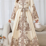 Elegant Floral Print Long Dress with Tie-Waist & Lantern Sleeves - Creamy Beige, Crew Neck, Flowing Maxi Length, Perfect for Spring/Summer/Fall, Women’s Fashion, Cute Dresses