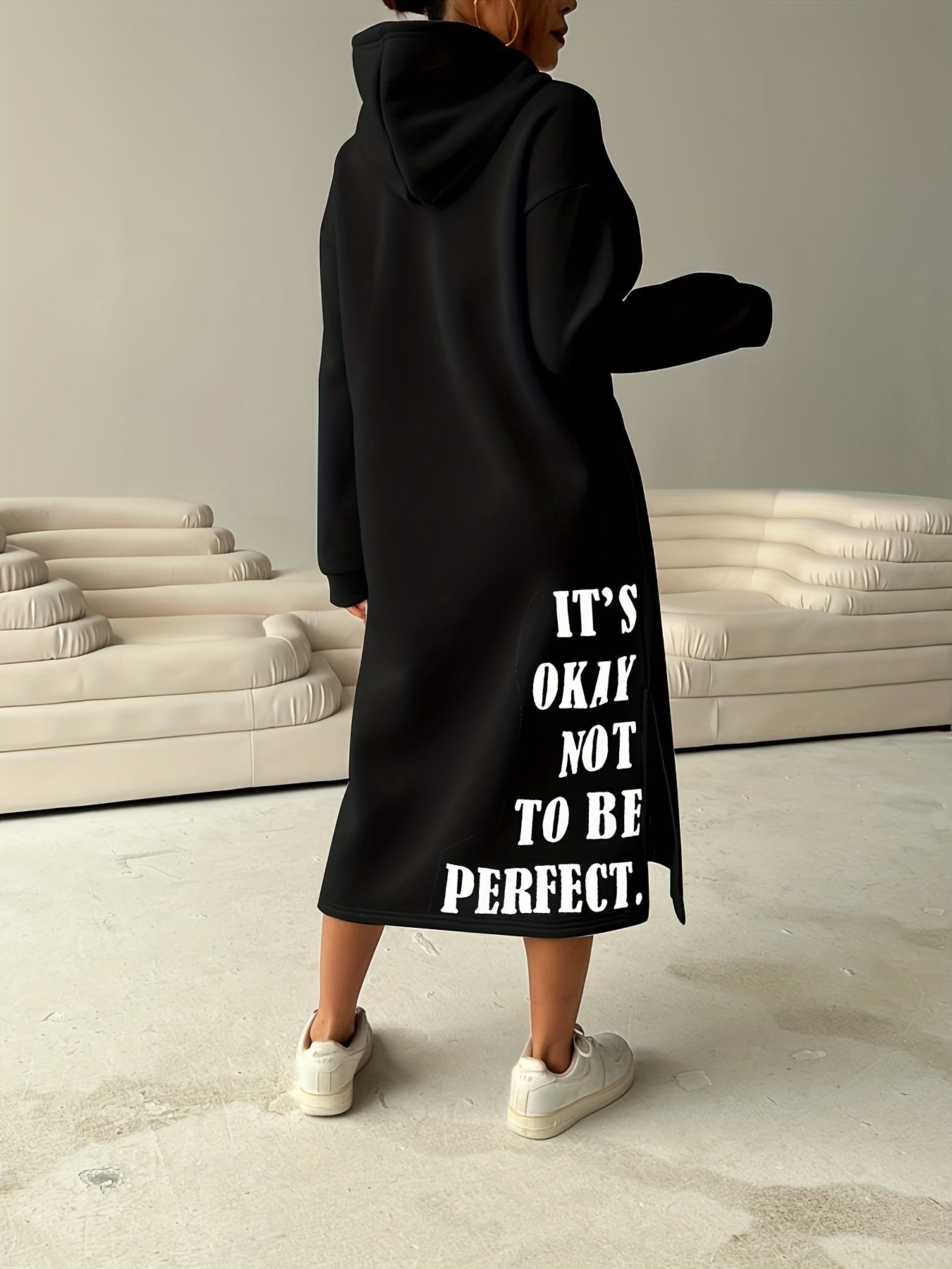 Cozy Letter Print Drawstring Hooded Sweatshirt Dress - Women's Casual Long Sleeve Loose Fit Clothing for Fall & Winter, Soft and Warm Fleece Lined Dress with Adjustable Drawstring Waist
