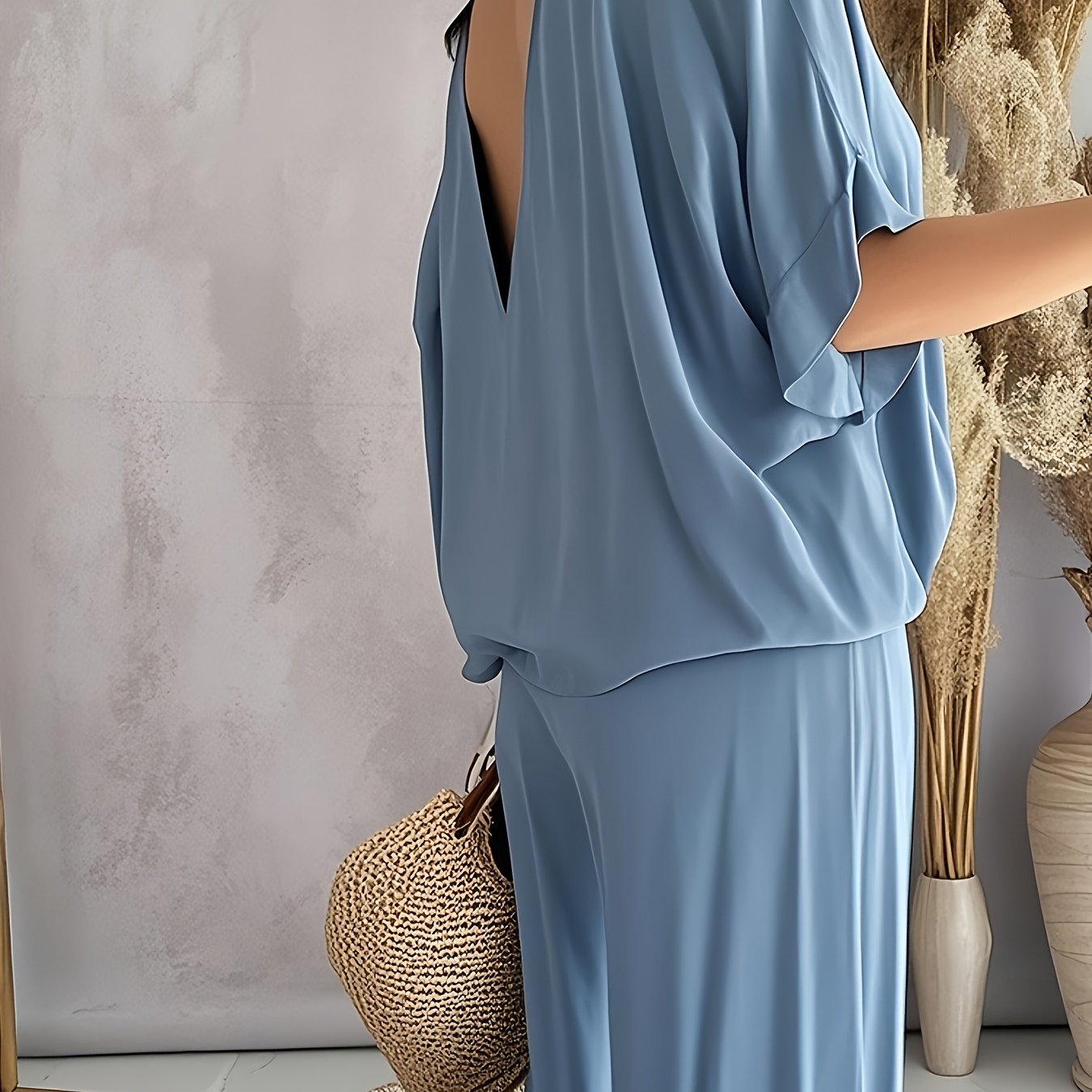Casual Solid Color Pants Suit, Half Sleeve V-neck Top And Wide Leg Pants Clothing, Women'S Clothing