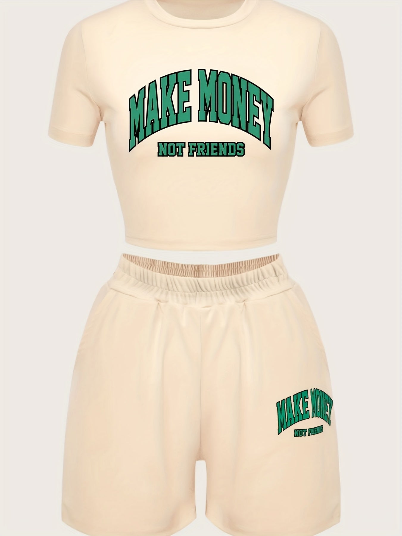[Two-piece Make Money Print Set] Make Money Print T-shirt & Shorts Two-piece Set, Cropped Short Sleeve T-shirt & Elastic Waist Loose Shorts Set, Women's Clothing