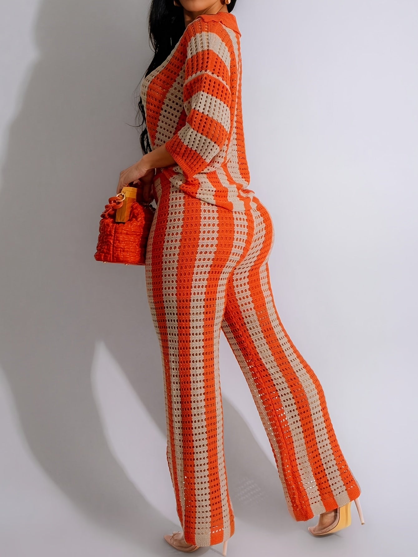 Chic Color Block Knit Top & Pants Set - V-Neck, Hollow-Out Detail, Acrylic, Striped Pattern, Single-Breasted, Vacation Ready, Casual Chic Outfit|Vneck Top|Acrylic Fabric