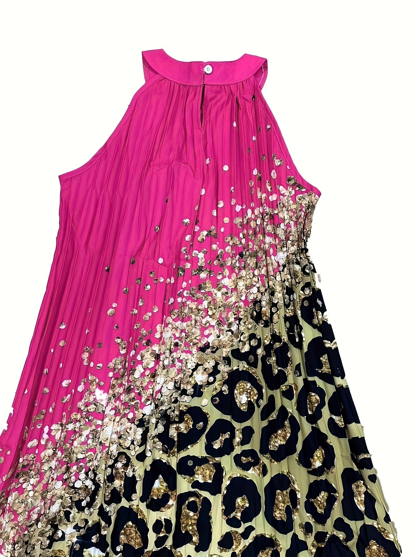 Graphic Print Pleated Halter Neck Dress, Elegant Sleeveless Loose Dress For Spring & Summer, Women's Clothing