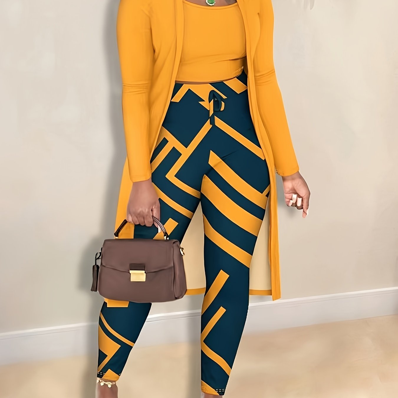 Fashion Color Block Striped Print Open Cardigan with Tie Waist Pants Three-Piece Set