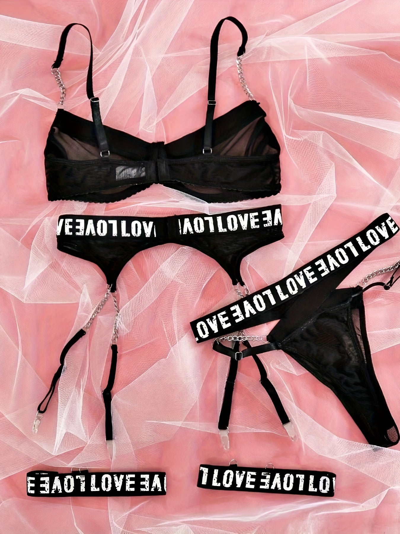 Sultry Letter Tape Chain-link Mesh Lingerie Set - Plunge Bra, Thong, and Garter Belt - Women's Sexy Underwear for Confidence Boost