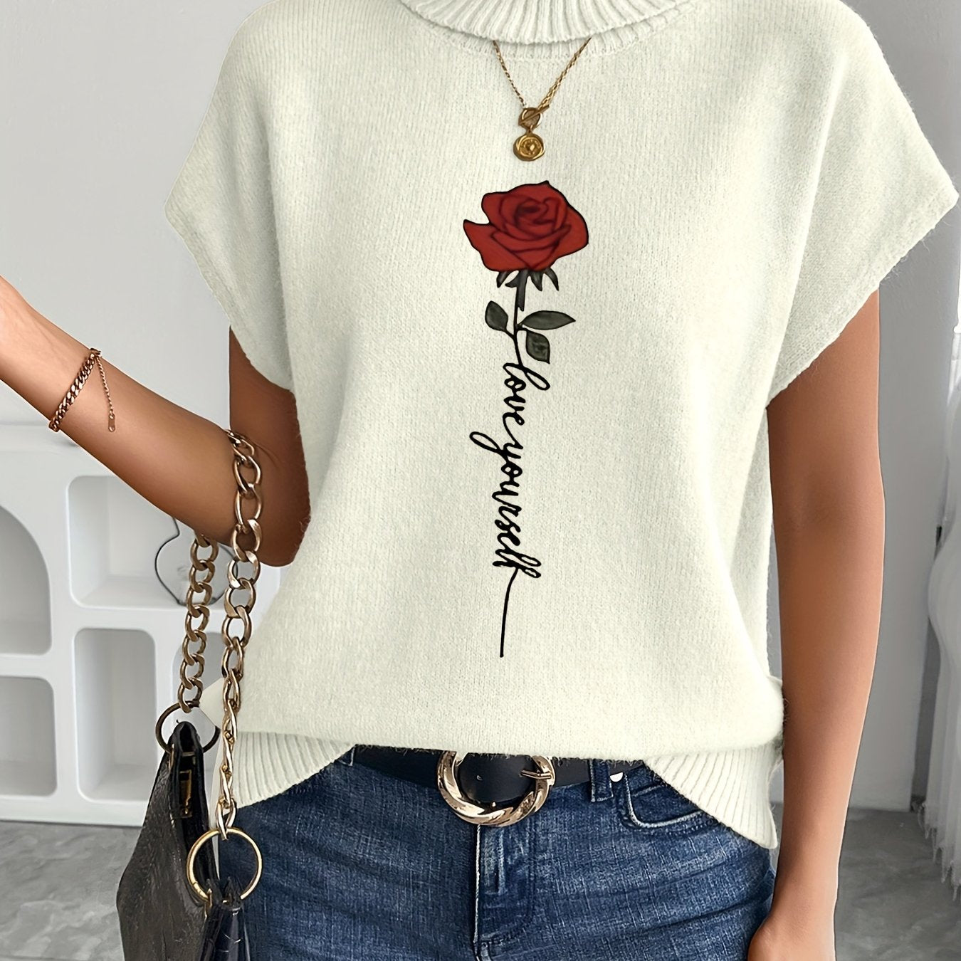 Women's Casual Rose Print Sleeveless Knit Vest - Elegant Beige Sweater with High Neckline and Stretchy Fabric, Perfect for Spring/Summer/Fall