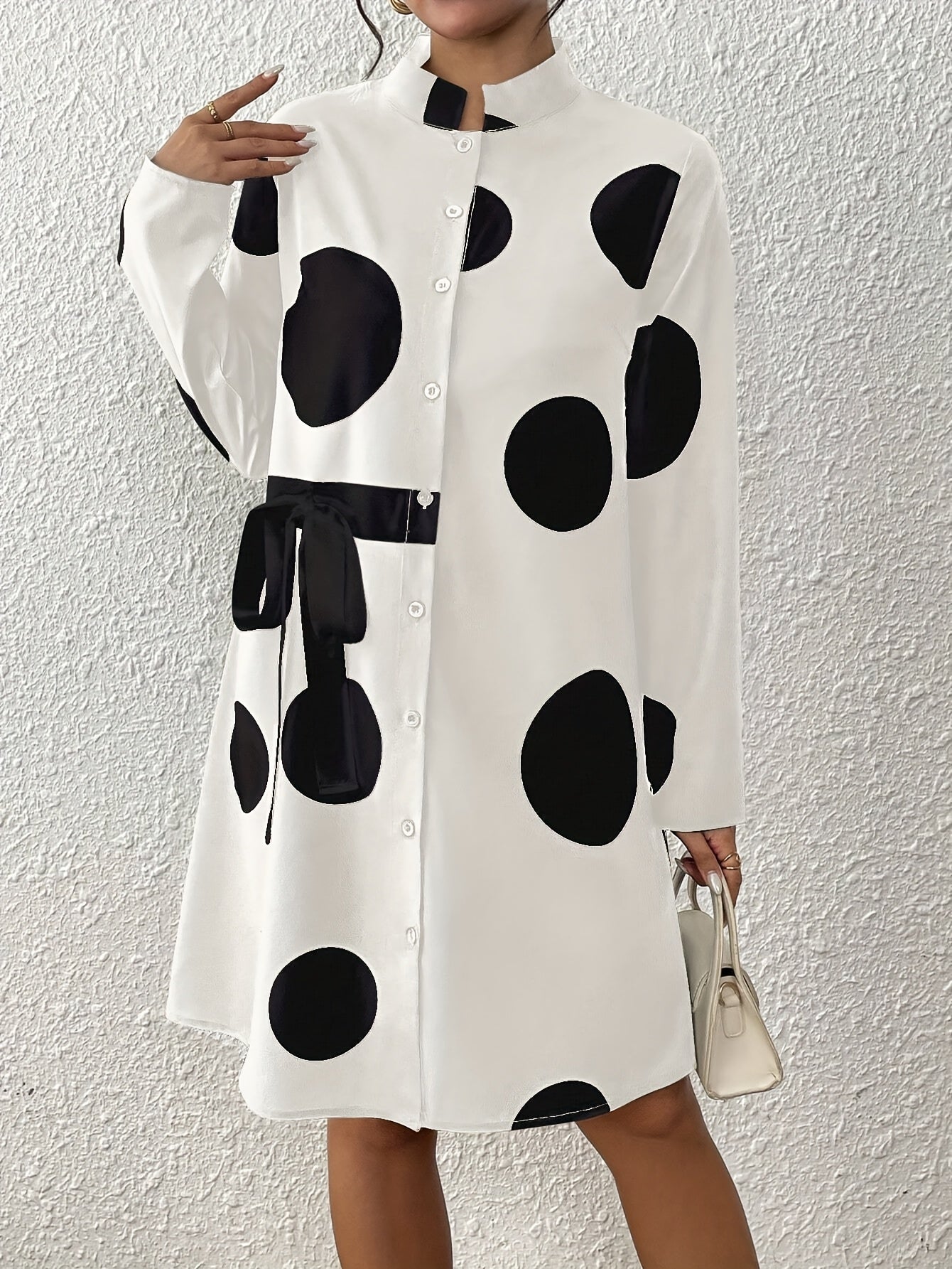 Women's Casual Polka Dot Long Sleeve Knee-Length Dress with Stand Collar and Bow Detail, 100% Polyester Woven Fabric, All-Season Loose Fit A-Line Dress with Flared Hem, Long Sleeve Dress