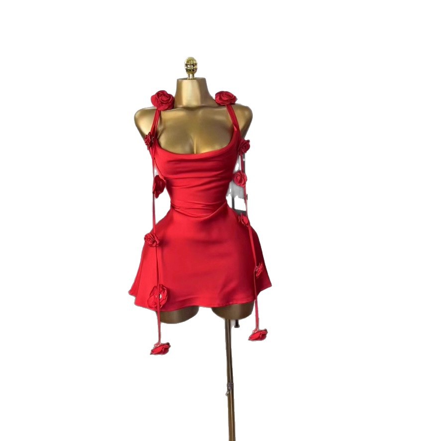 Womens Sleeveless Strap Dress With 3D Floral Design