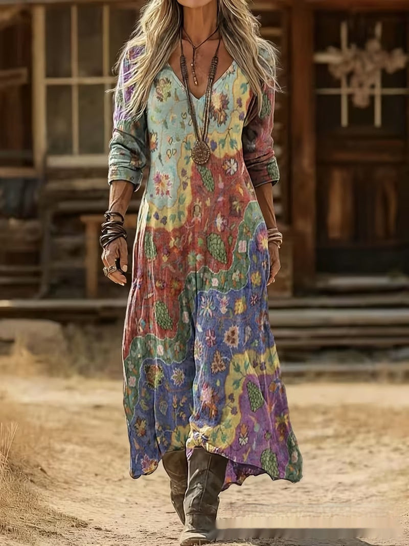 Womens 3D-printed V-neck Long-sleeve Dress