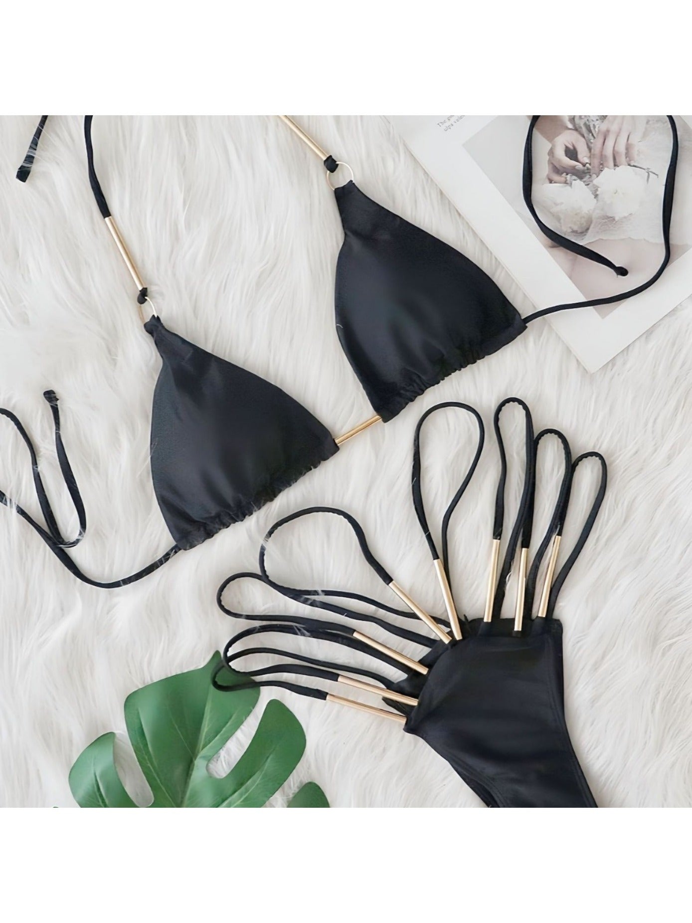 2025 New European And American Sexy Swimsuit Metal Accessories Bikini Solid Color High Waist Strap Hollow Women'S Swimsuit