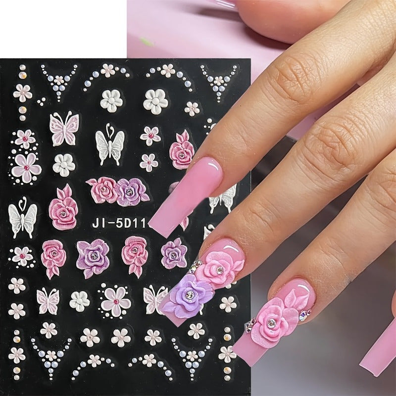 2sheets 5D Embossed Flower Nail Stickers Pink Blue Petals Butterfly French Line Acrylic Spring Summer Floral Slider Nail Decor Nail Art Supplies