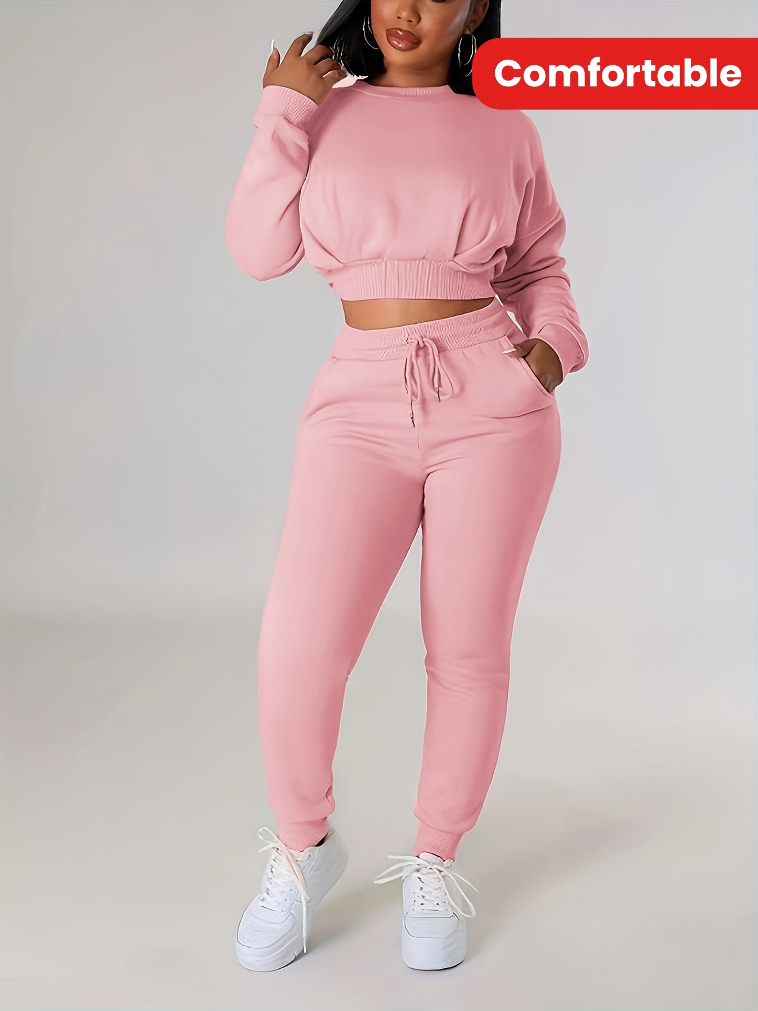 2pcs Stylish Elastic Hem Sports Suit - Women's Activewear, Long Sleeves Drawstring Crew Top & Pant Set, Comfortable Sporty Outfit For Fitness, Running, And Casual Wear
