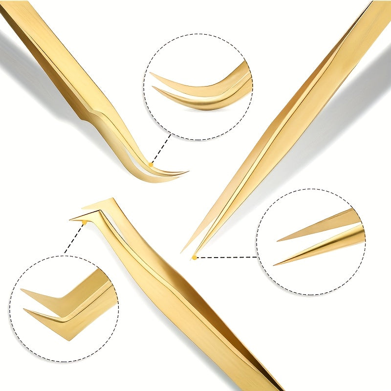 High Precision Eyelash Tweezers Set - Includes 3 Stainless Steel Eyelash Tweezers, Suitable For Classic Personal And Thick Eyelash Extensions. Equipped With Storage Box