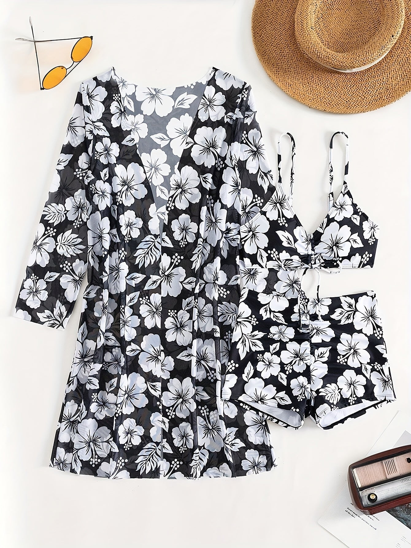 Floral Pattern 3 Piece Set Bikini, Drawstring V Neck Boxer Short Bottom With Long Sleeves Cover Up Shirt Swimsuits, Women's Swimwear & Clothing