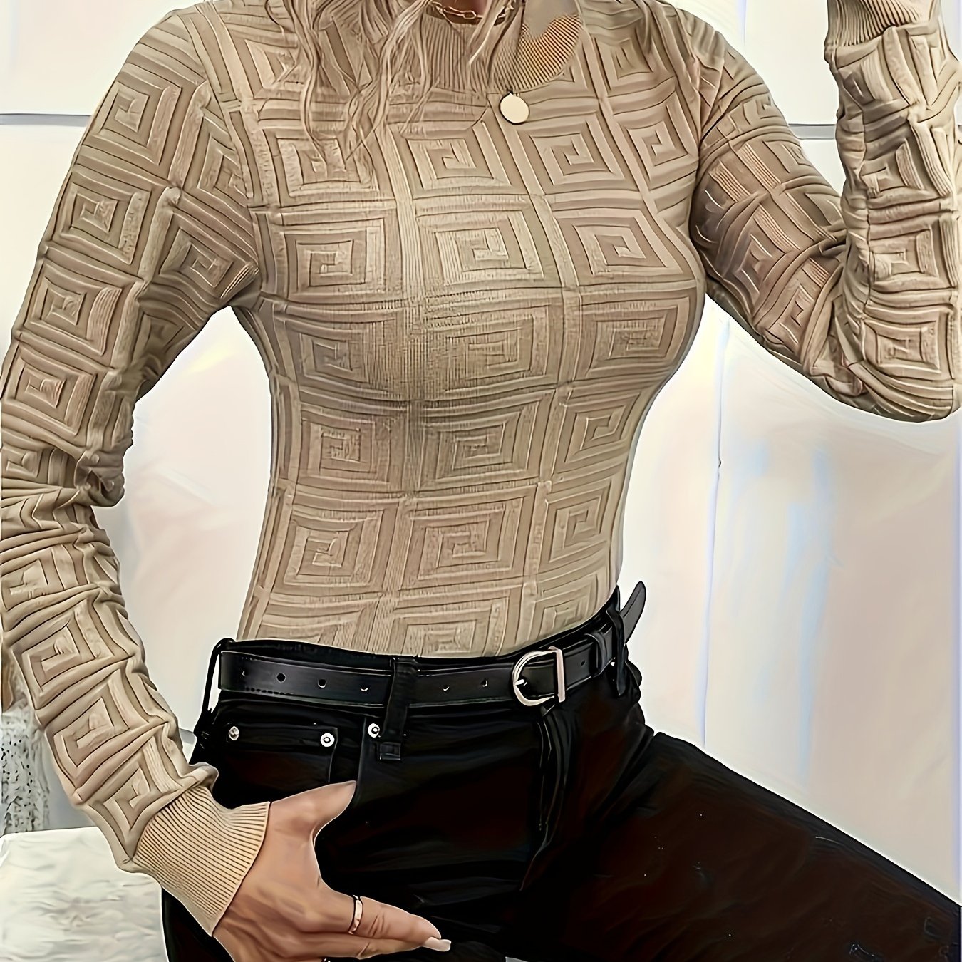 Geo Pattern Crew Neck Sweater – Elegant High-Stretch Long Sleeve Pullover for Women, Perfect for Fall & Winter