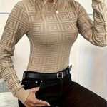 Geo Pattern Crew Neck Sweater – Elegant High-Stretch Long Sleeve Pullover for Women, Perfect for Fall & Winter