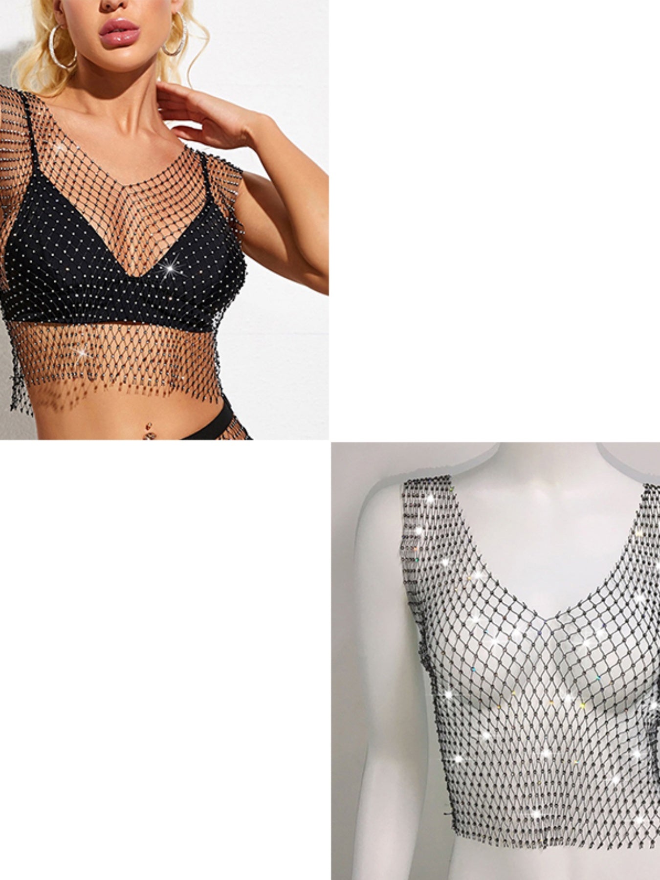 Women’s Rhinestone Fishnet Tank Top - Sleeveless V-Neck, Stretchy & Sheer Glitter Mesh for Party & Clubwear, White, Trendy Outfit | Sparkly Fishnet Design | Stretchy Mesh Fabric