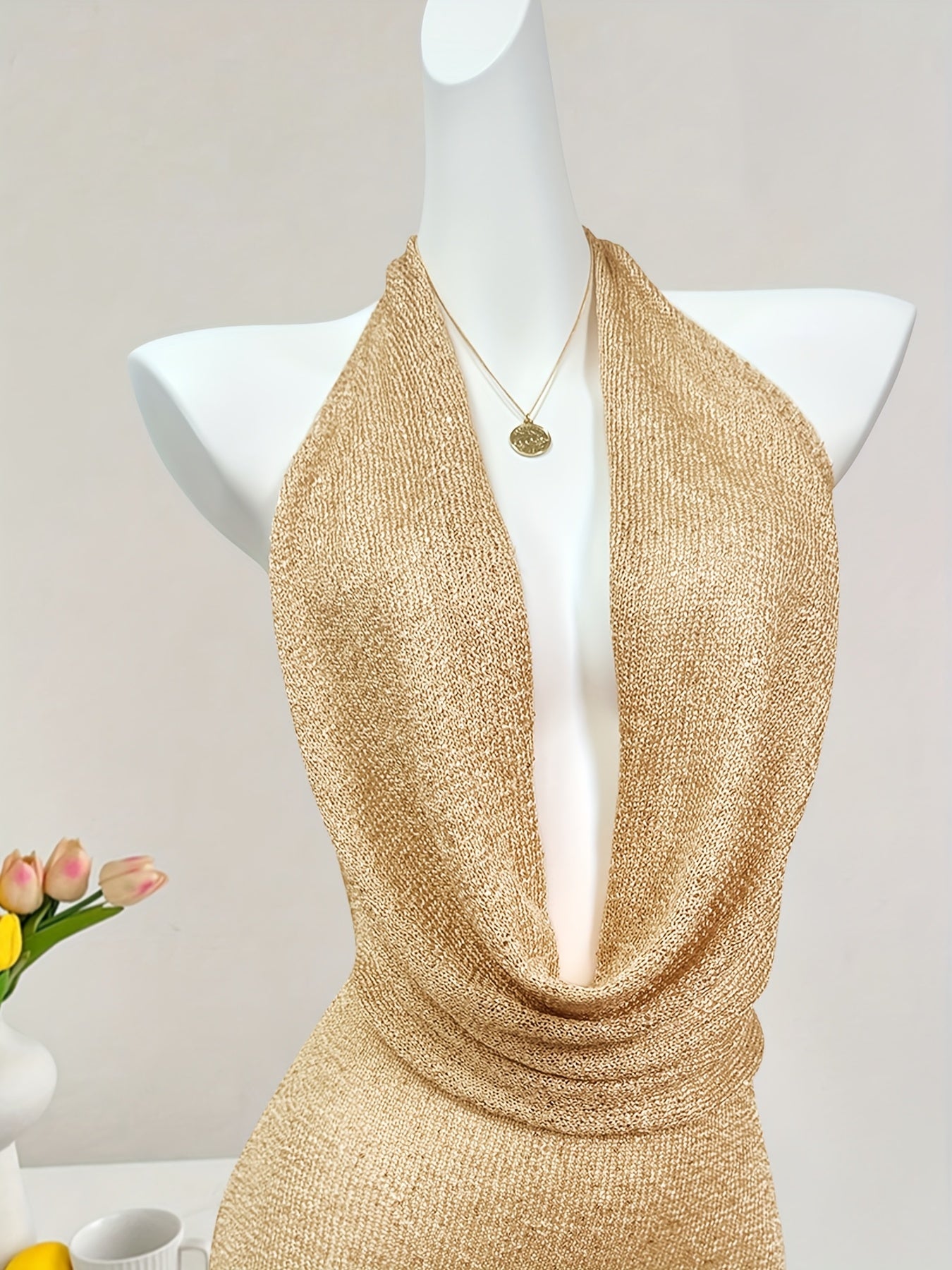 Sexy Deep V-Neck Backless Wrap Mini Dress - Stretchy Bodycon with Adjustable Waist Tie & Golden Jewelry Accents, Elegant Solid Color Evening Party Dress for Women, Tight Fitted Dress, Special Occasion Attire, Sensual Fashion,