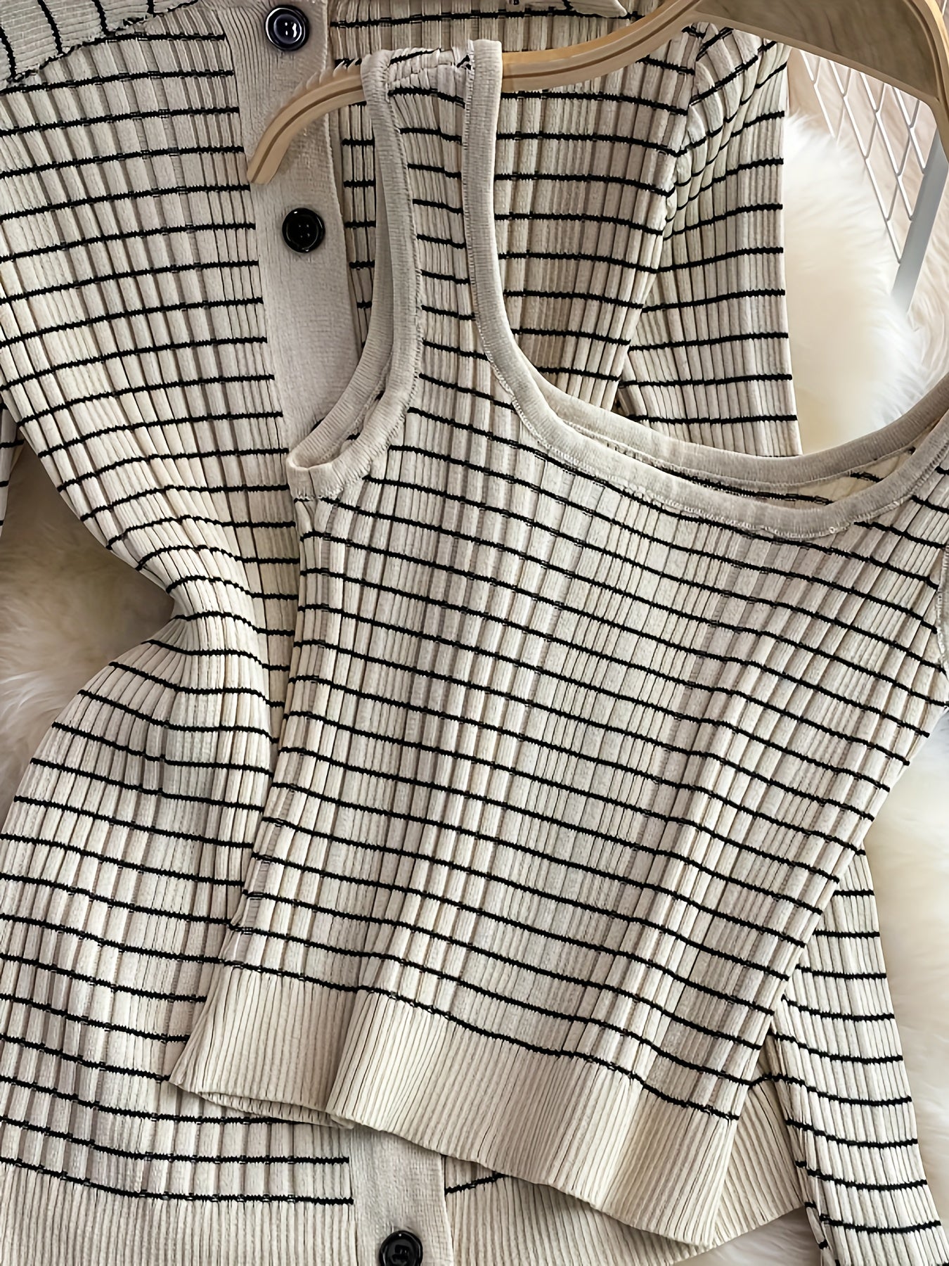 3pcs Women'S Viscose Knit Set - Casual Striped Halter Top, Lapel Collar Cardigan & Pencil Skirt - Slight Stretch Long Sleeve Office Attire for Fall/Winter