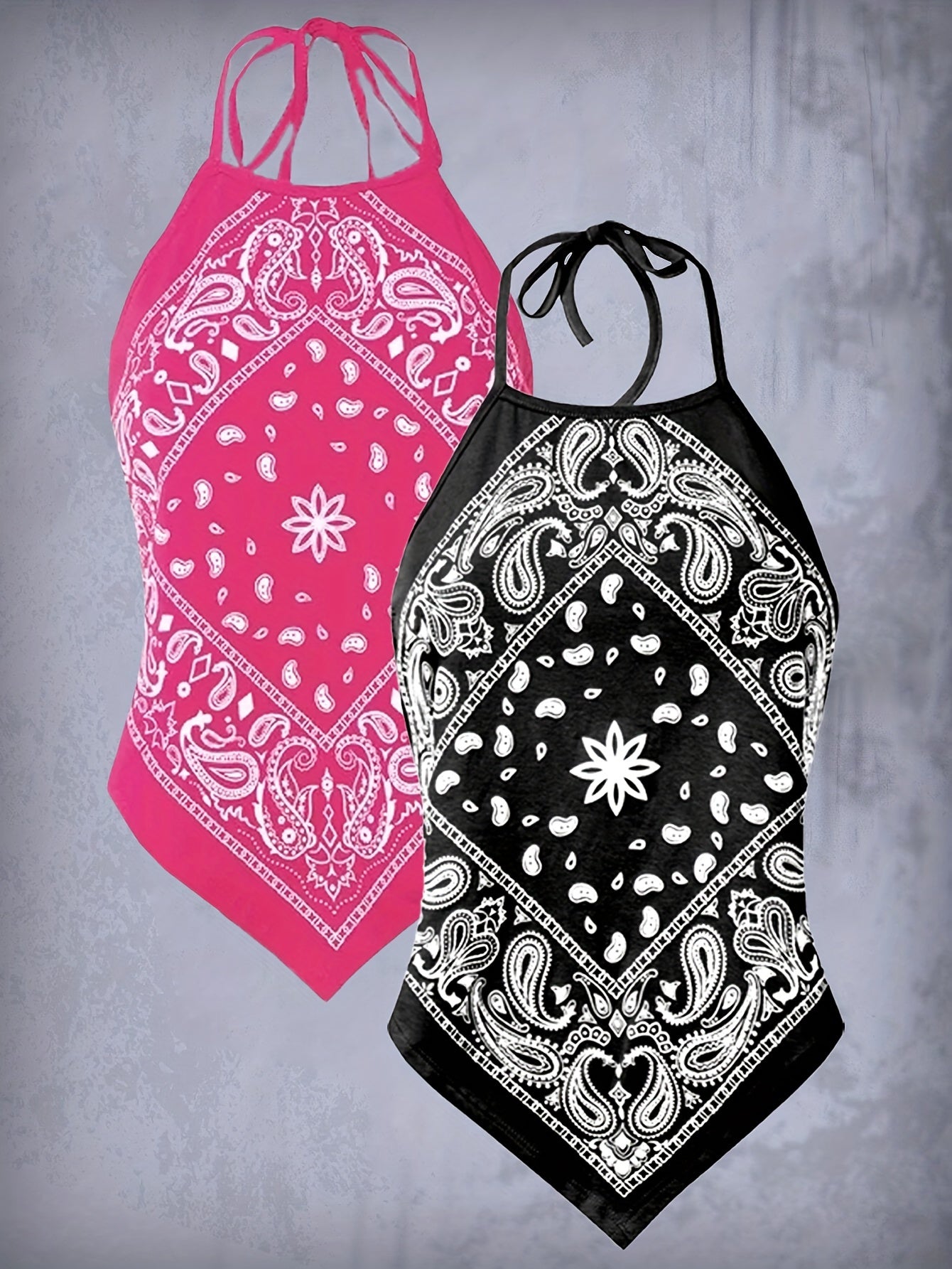 Paisley Print Backless Halter Top 2 Packs, Boho Sleeveless Hanky Hem Halter Neck Top For Summer, Women's Clothing