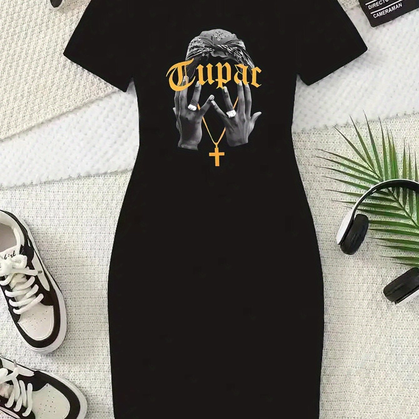 Women's Black Short Sleeve Graphic Dress - "TUPAC" Print, Crew Neck, Stretchy Polyester Blend, Casual Spring/Summer Style, Stylish Casualwear | Graphic Print Dress | Comfortable Fit, Short Sleeve Dress