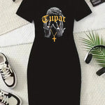 Women's Black Short Sleeve Graphic Dress - "TUPAC" Print, Crew Neck, Stretchy Polyester Blend, Casual Spring/Summer Style, Stylish Casualwear | Graphic Print Dress | Comfortable Fit, Short Sleeve Dress