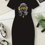 Women's Black Short Sleeve Graphic Dress - "TUPAC" Print, Crew Neck, Stretchy Polyester Blend, Casual Spring/Summer Style, Stylish Casualwear | Graphic Print Dress | Comfortable Fit, Short Sleeve Dress