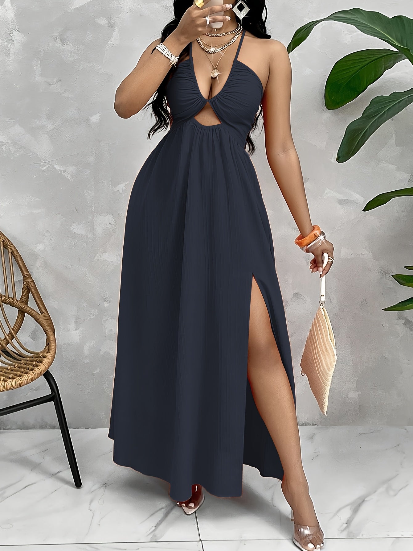 Stylish Women's Sexy Backless Split Dress - Vibrant Orange, Halter Neck, High-Waisted A-Line Cut, Polyester, Perfect for Spring/Summer, Evening Attire | Halter Neck Dress | Glossy Texture