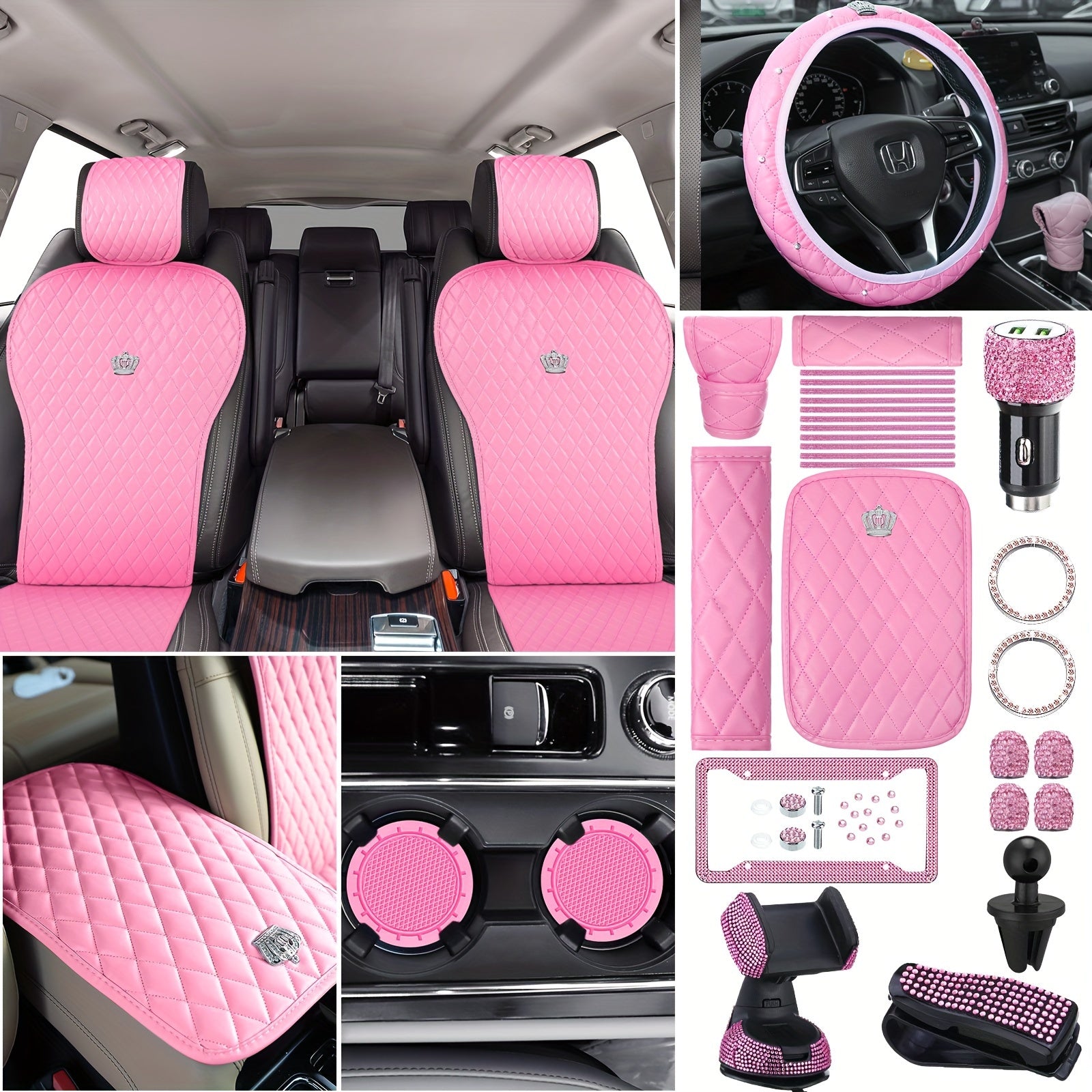 Pink Car Accessories Set Full Set Seat Cover Set Steering Wheel Center Console Handbrake Seat Belt Cover Bling Car Interior Sets Phone Glasses Holder Adapter Car License Frames For Women, 38 Pcs