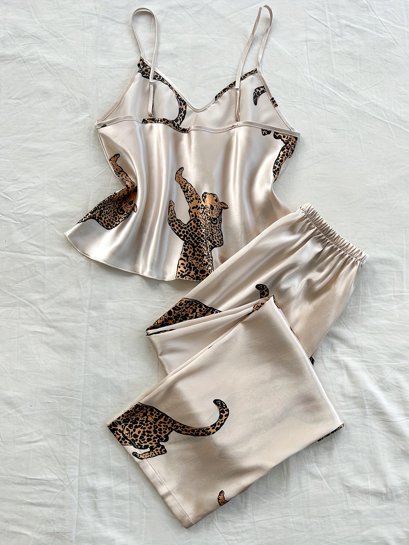 Leopard Print Fashionable Comfort V-Neck Camisole Long Pants Pajama Set 2pcs