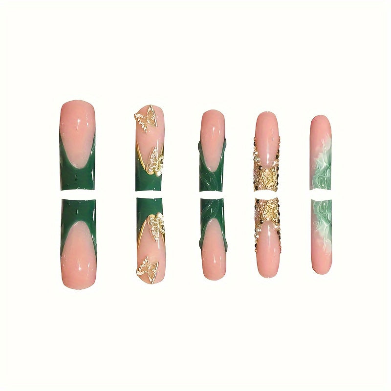 24-Piece Green Square Medium Length Press-On Nails with Golden Butterfly Glitter Design, Glossy Finish, Animal Pattern, Includes Nail File and Jelly Adhesive for Easy Application - Suitable for Women and Girls