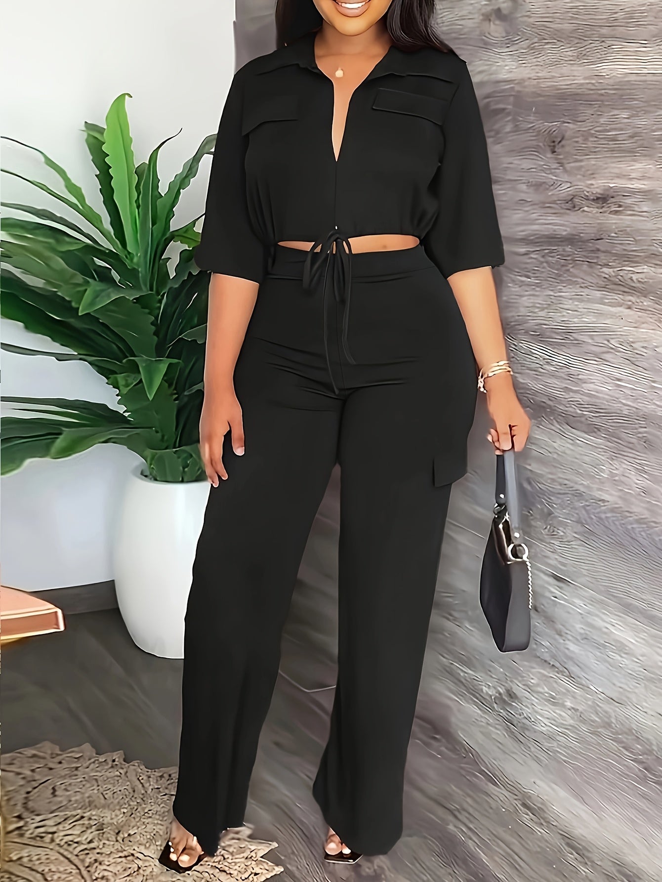 [Elegant Women's Outfit] Elegant Women's Outfit - High-Waisted Straight-Leg Pants with Drawstring Hem - Allseason Outfit, Glossy Fabric, European And American Style